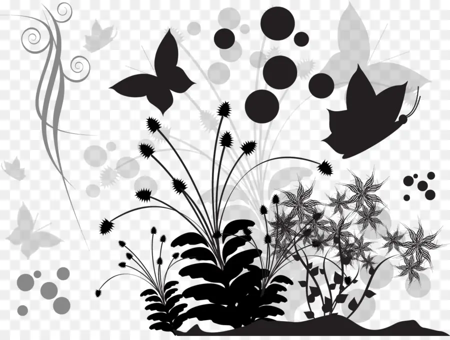 Design Floral Preto E Branco，Borboletas PNG