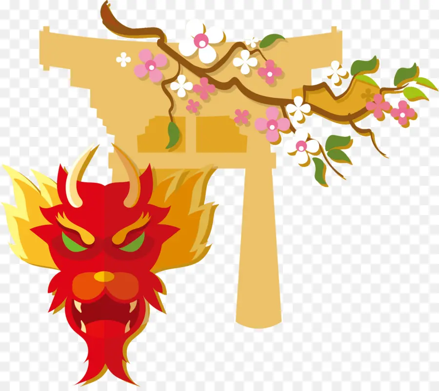 Dragão E Torii，Flor De Cerejeira PNG