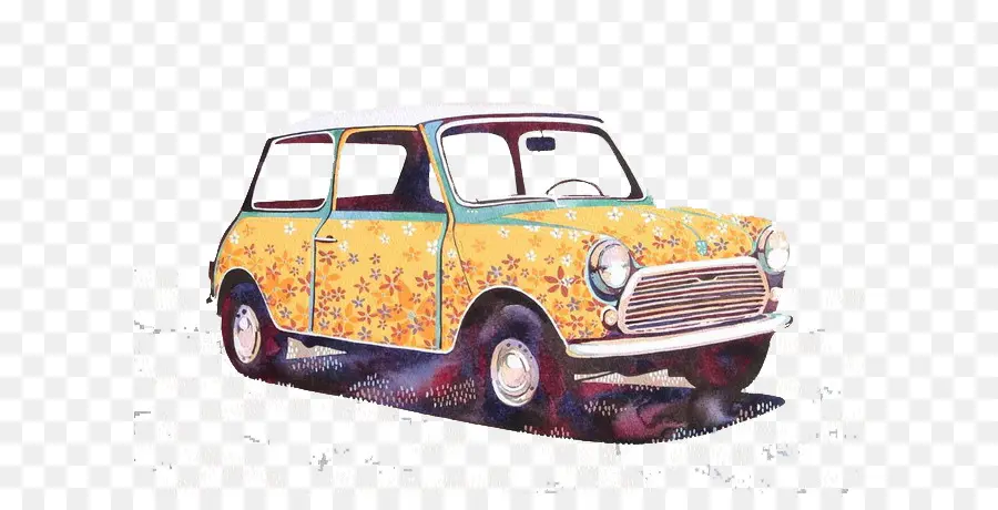 Carro Amarelo，Padrão De Flor PNG