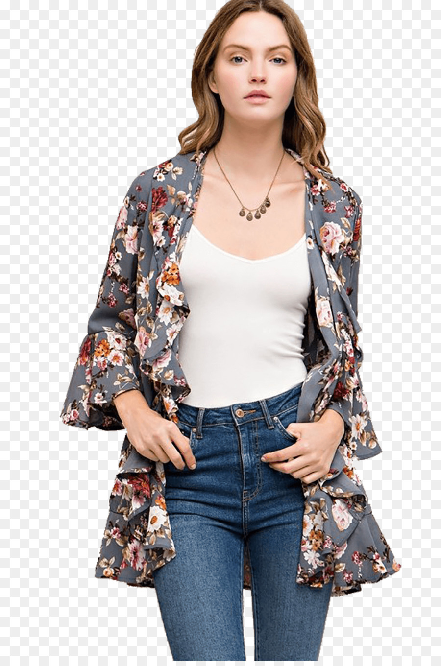 Mulher Com Cardigã Floral，Roupas PNG