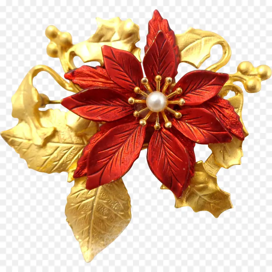 Flor Vermelha，Folhas De Ouro PNG