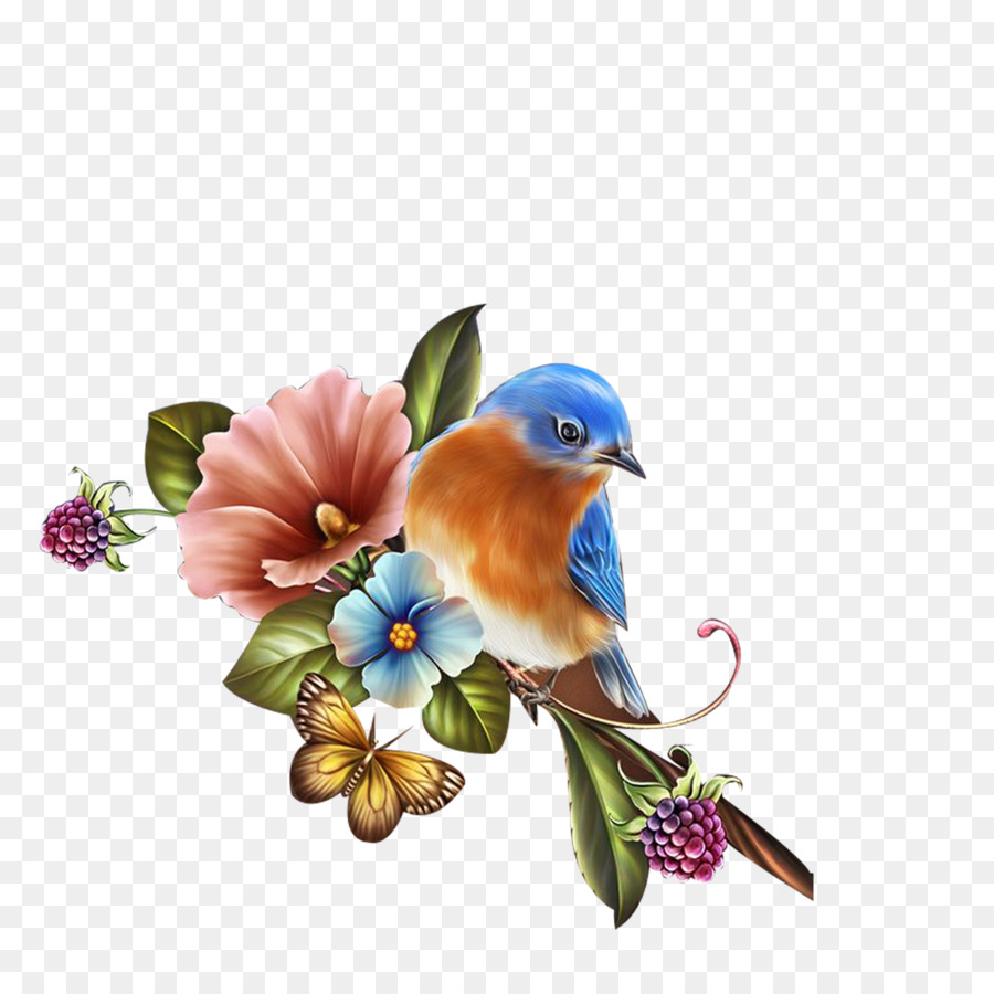 Pássaro E Flores，Azul PNG