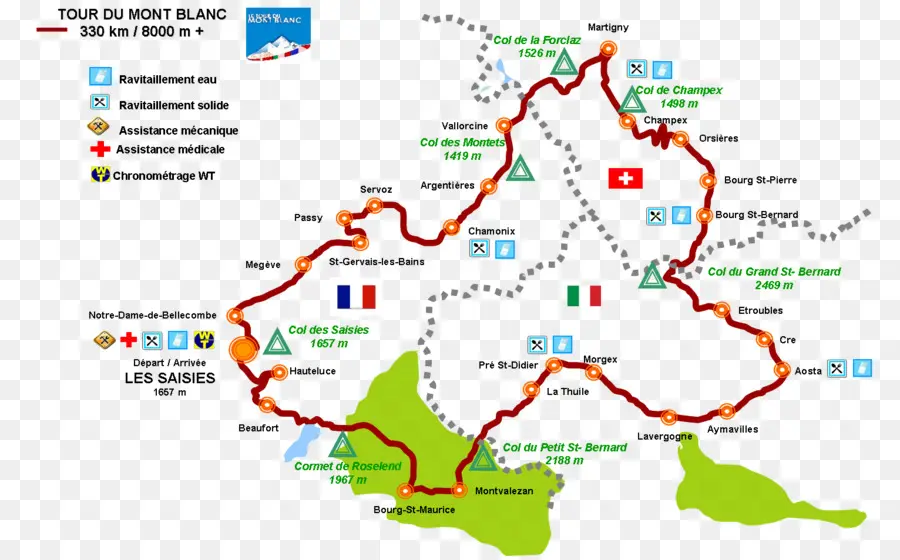 Mapa Do Tour Do Mont Blanc，Rota PNG