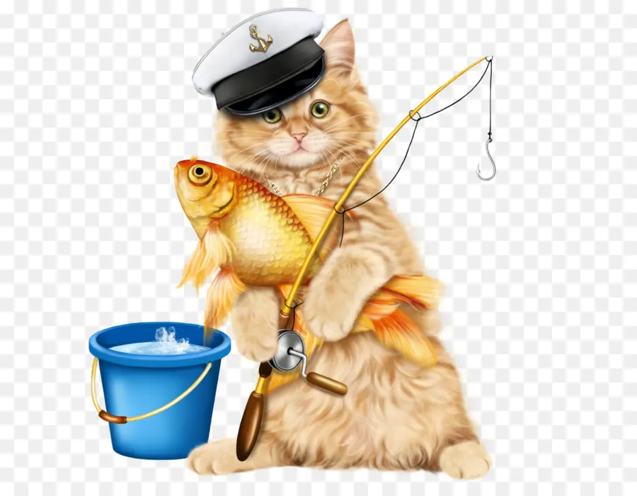 Gato Com Peixe，Vara De Pesca PNG