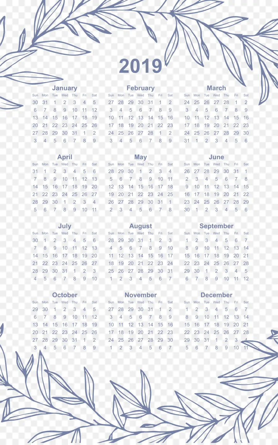 Calendário 2019，Azul PNG