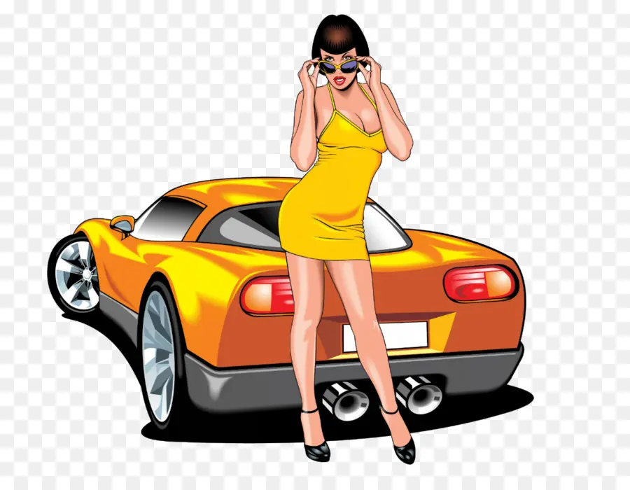 Mulher E Carro，Vestido Amarelo PNG