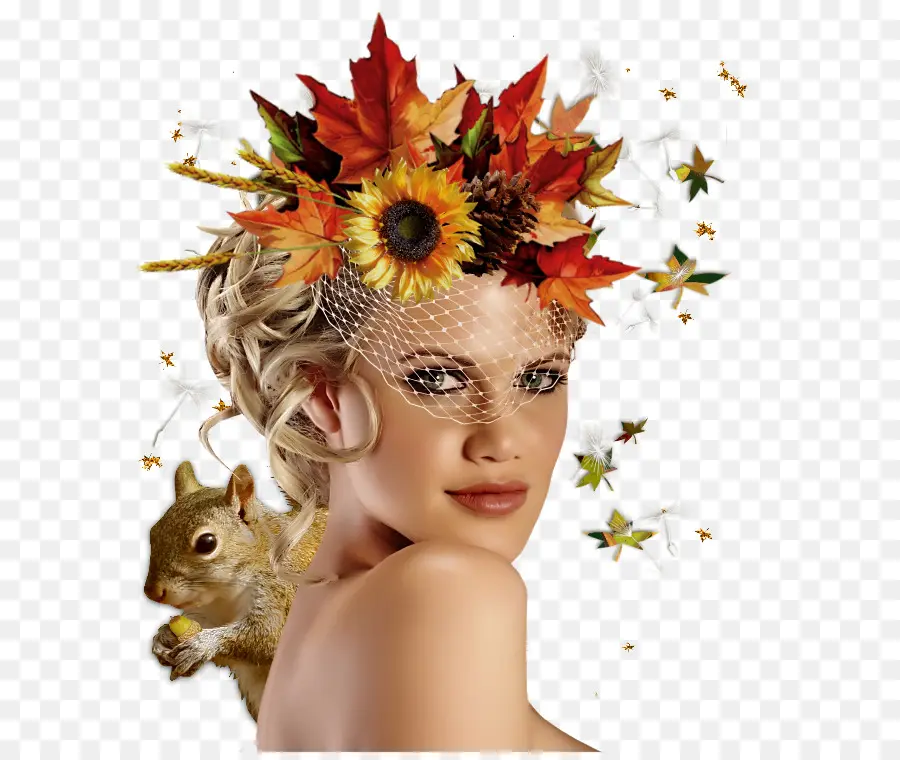 Mulher Com Capacete Floral，Folhas PNG