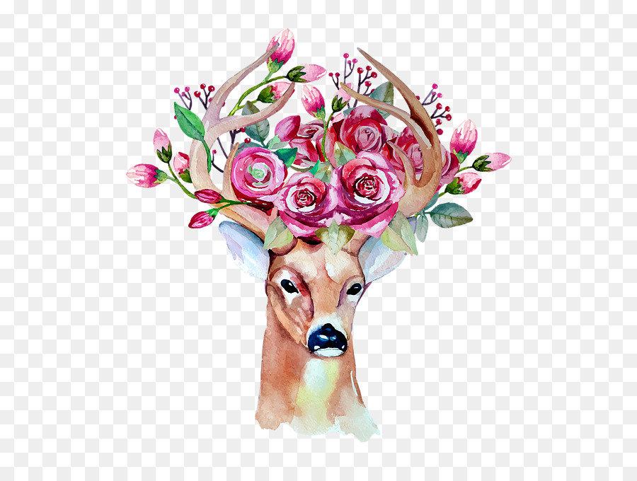 Caveira De Veado Com Flores，Chifres PNG