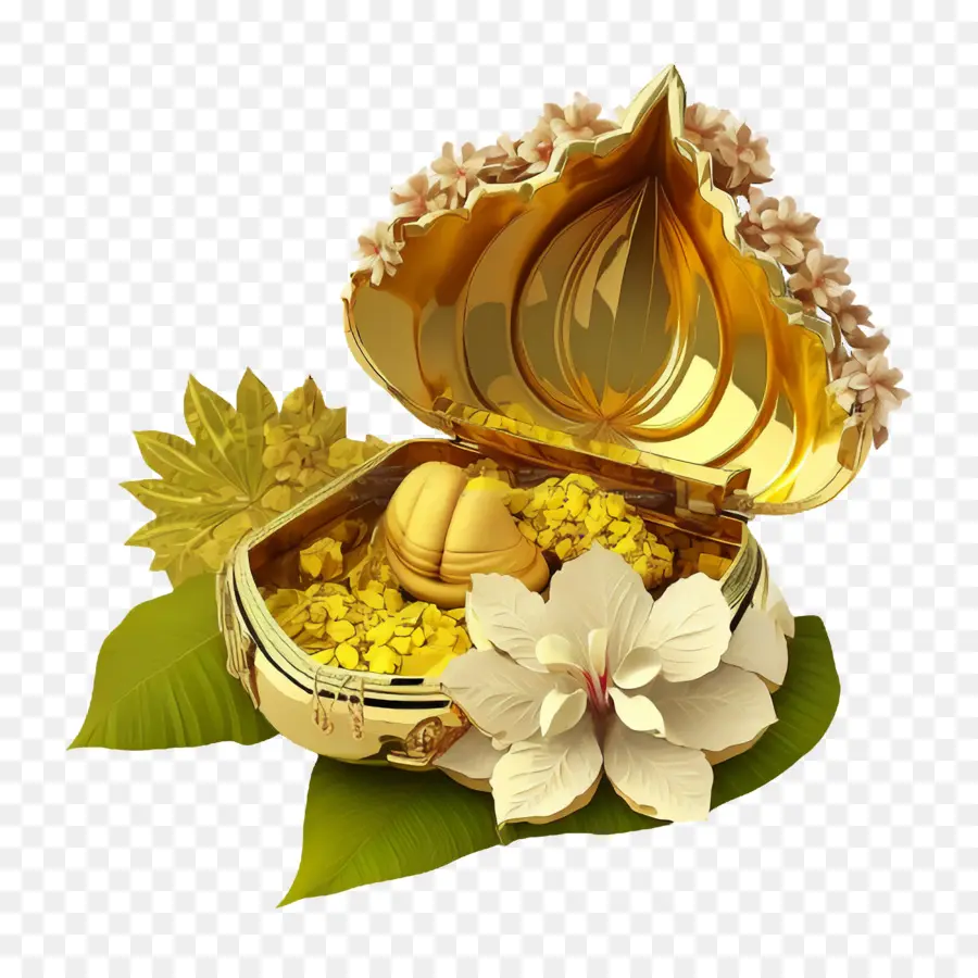 Vishu，Caixa Dourada Com Flores PNG