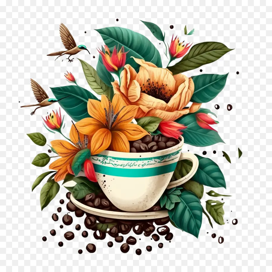 Xícara De Café，Xícara De Café Com Flores PNG