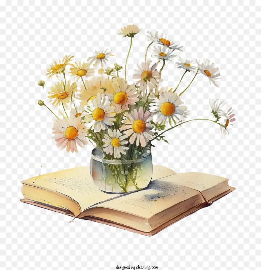 Bouquet De Daisy Em Aquarela Em Um Livro，Aquarela Daisy PNG