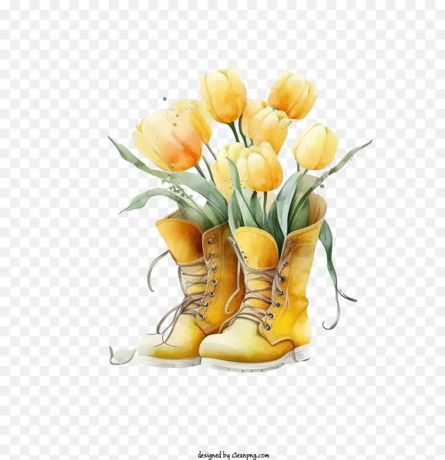 Tulipas Aquarela，Botas Amarelas Com Tulipas PNG