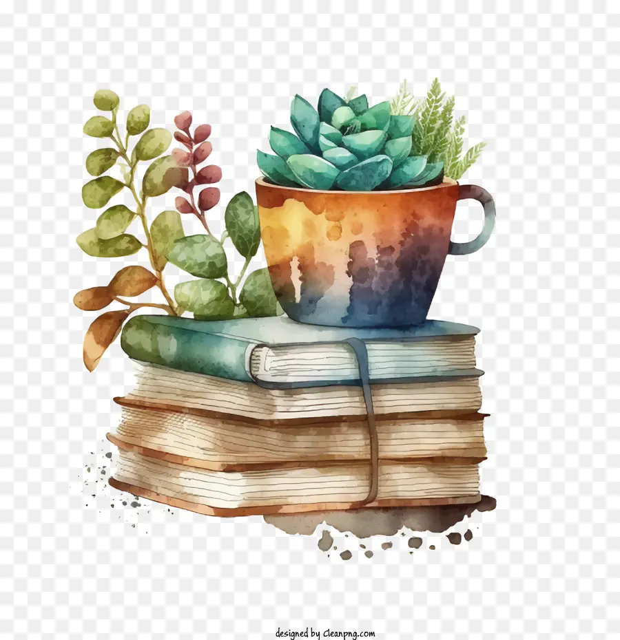 Pilha De Livros Em Aquarela，Livros E Plantas PNG