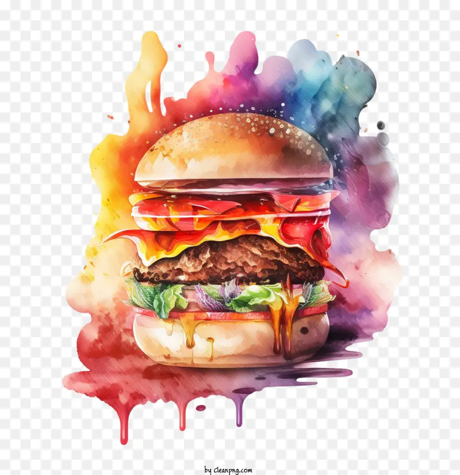 Aquarela Burger，Hambúrguer Derretido PNG