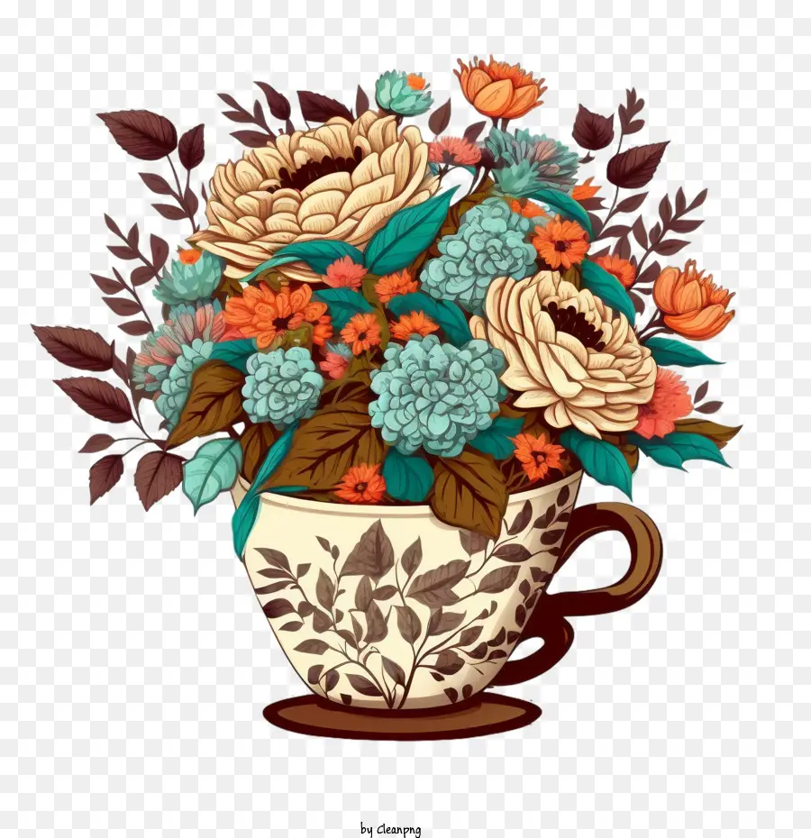 Cartoon Xícara De Café，Xícara De Café Com Flores PNG