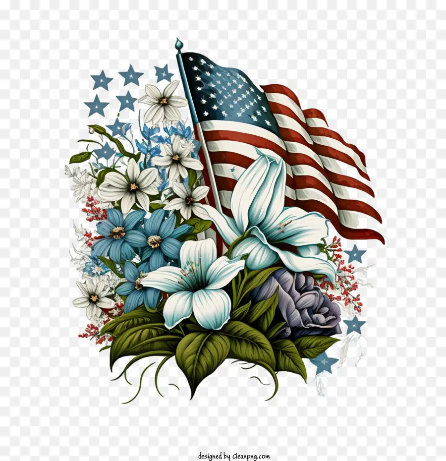 Quatro De Julho，Bandeira Americana Com Flores PNG