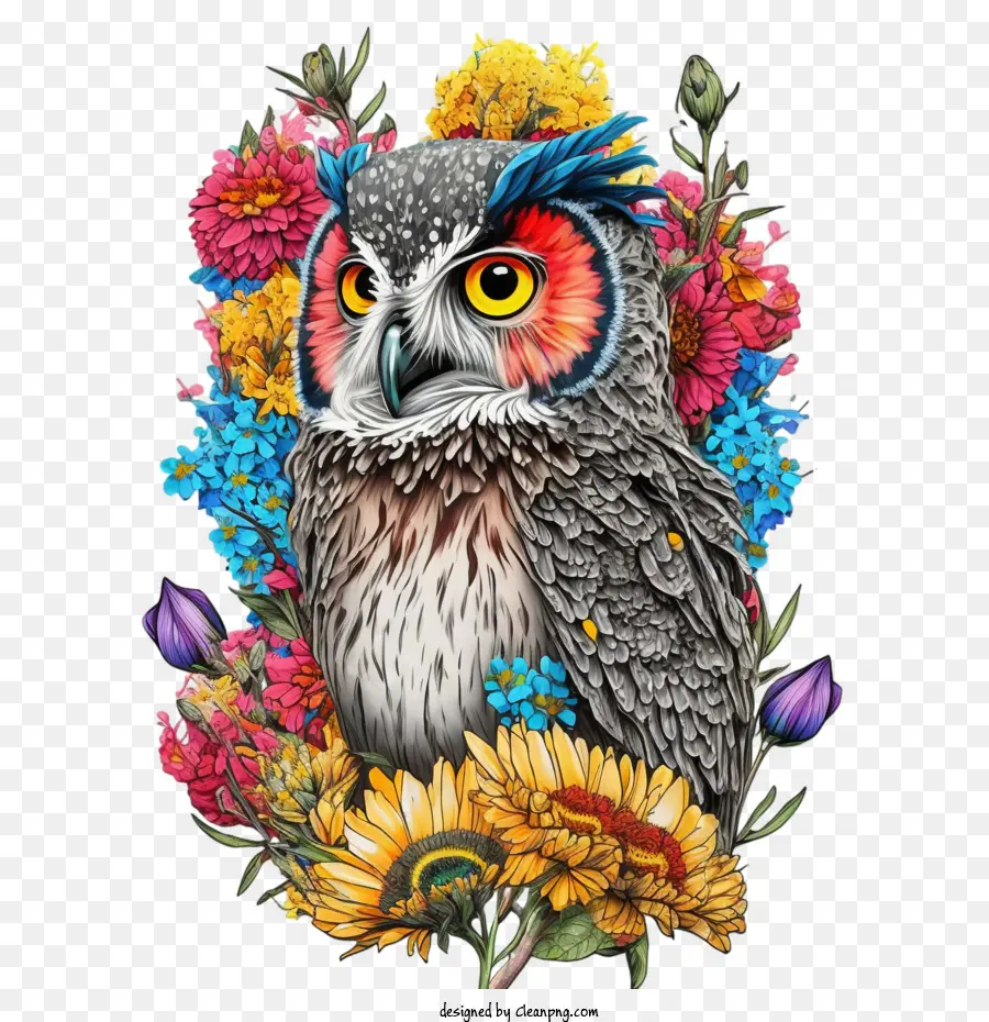 Pop Art Owl，Coruja Com Flores PNG