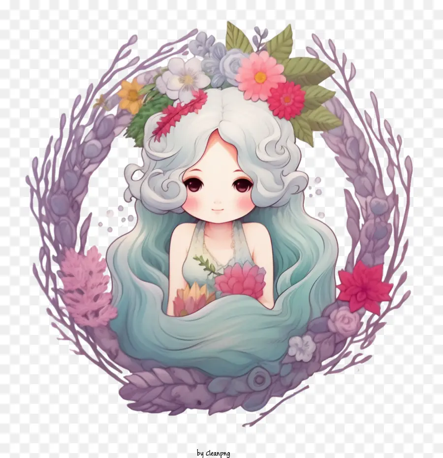 Sereia Fofa，Menina Com Flores PNG