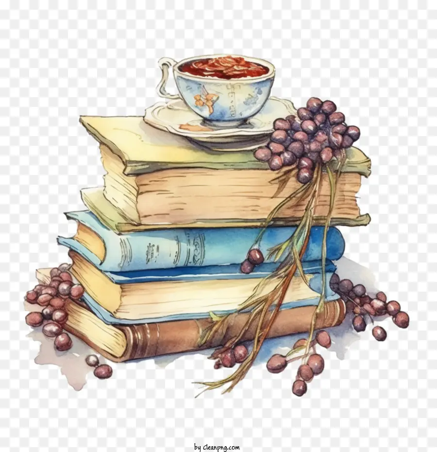 Grãos De Café Em Aquarela，Livros E Chá PNG