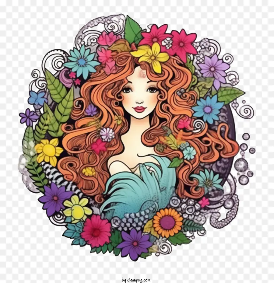 Sereia，Mulher Com Flores PNG