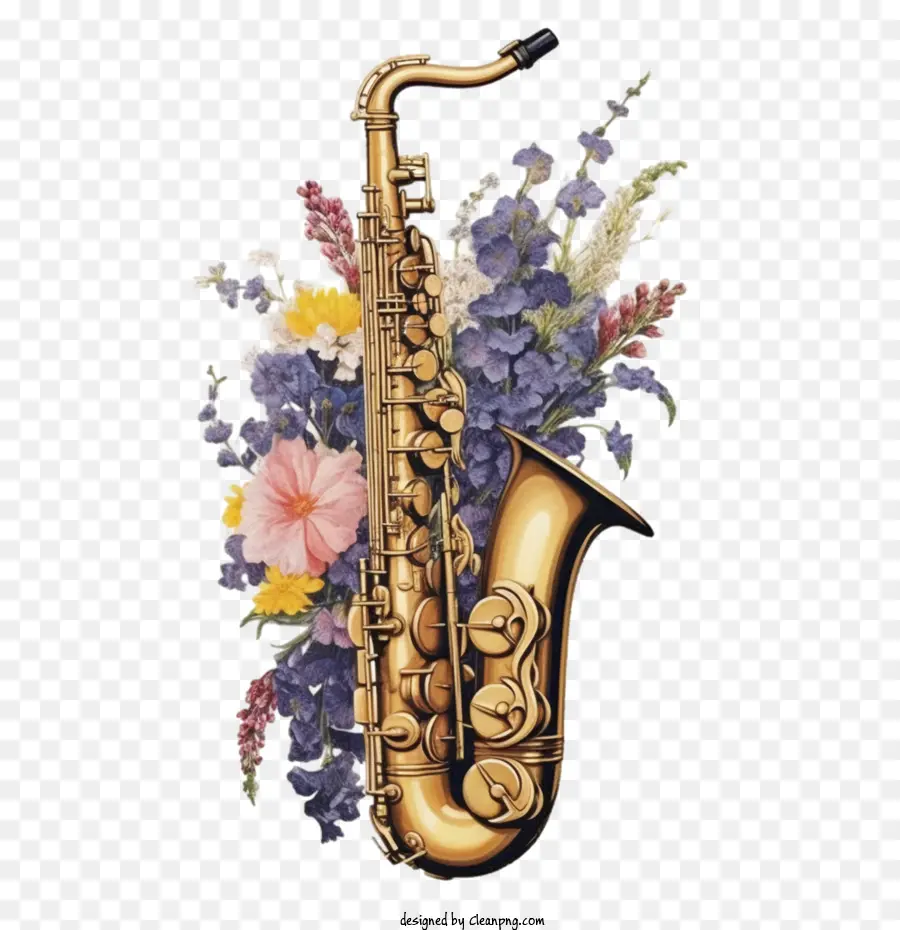 Saxofone，Saxofone Com Flores PNG