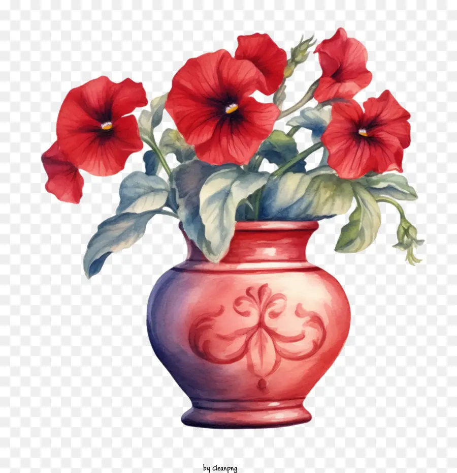 Flor Petúnia，Vaso Vermelho PNG