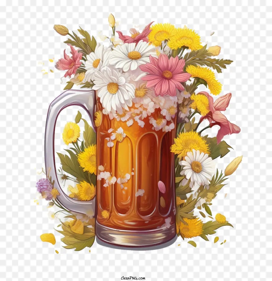 Cerveja，Cerveja Com Flores PNG