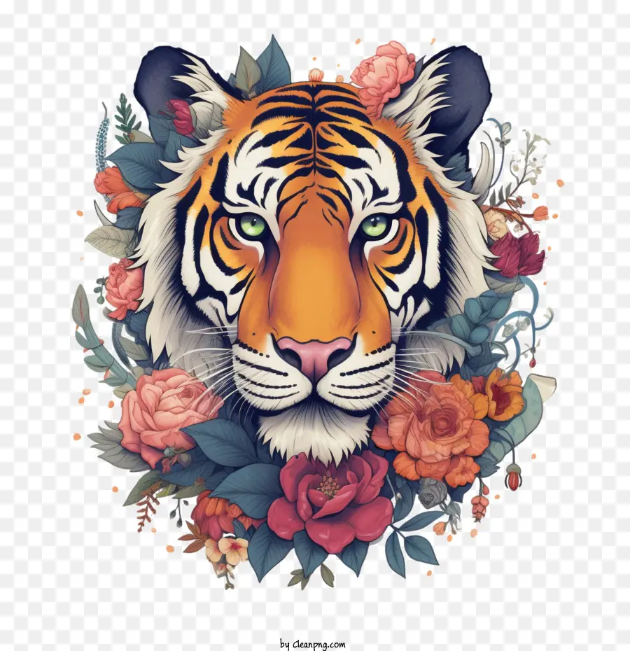 Tigre，Tigre Com Flores PNG