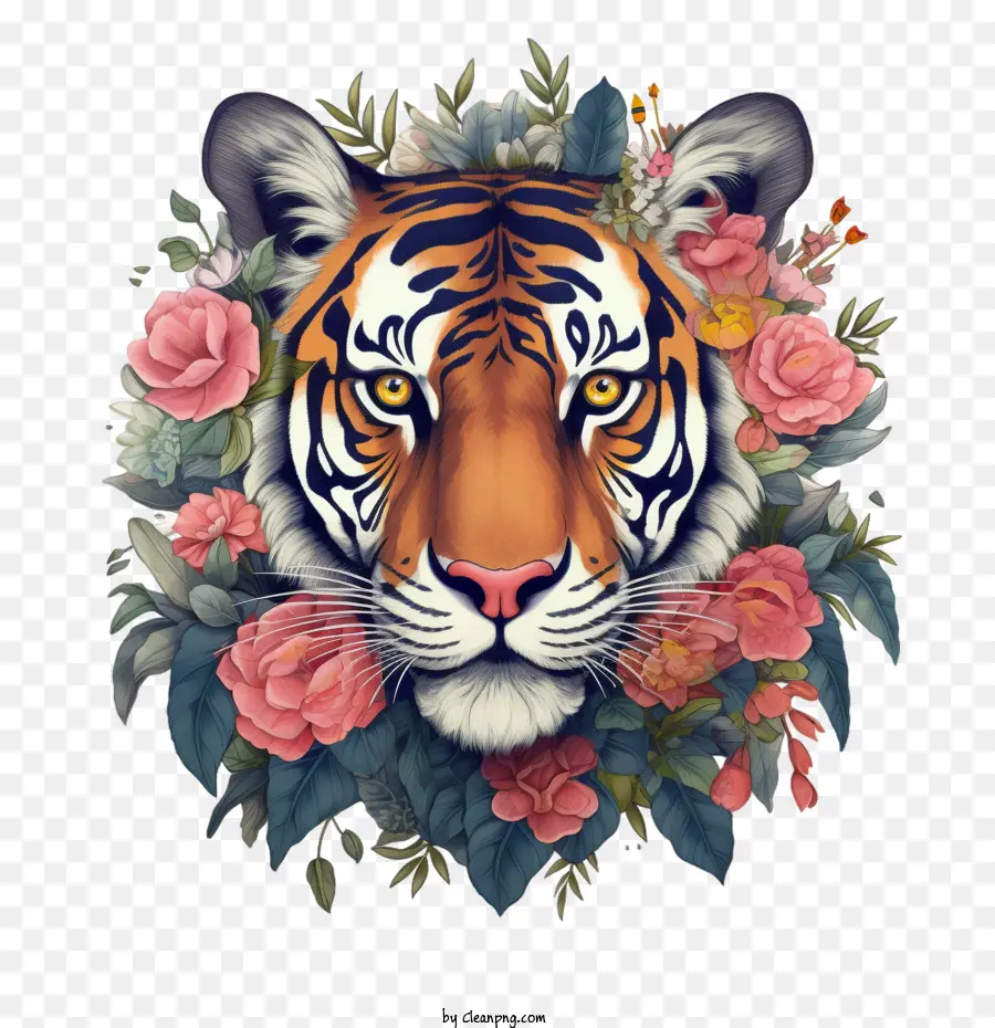 Tigre，Tigre Com Flores PNG