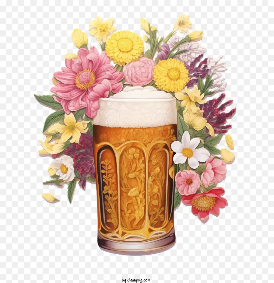 Cerveja，Cerveja Com Flores PNG