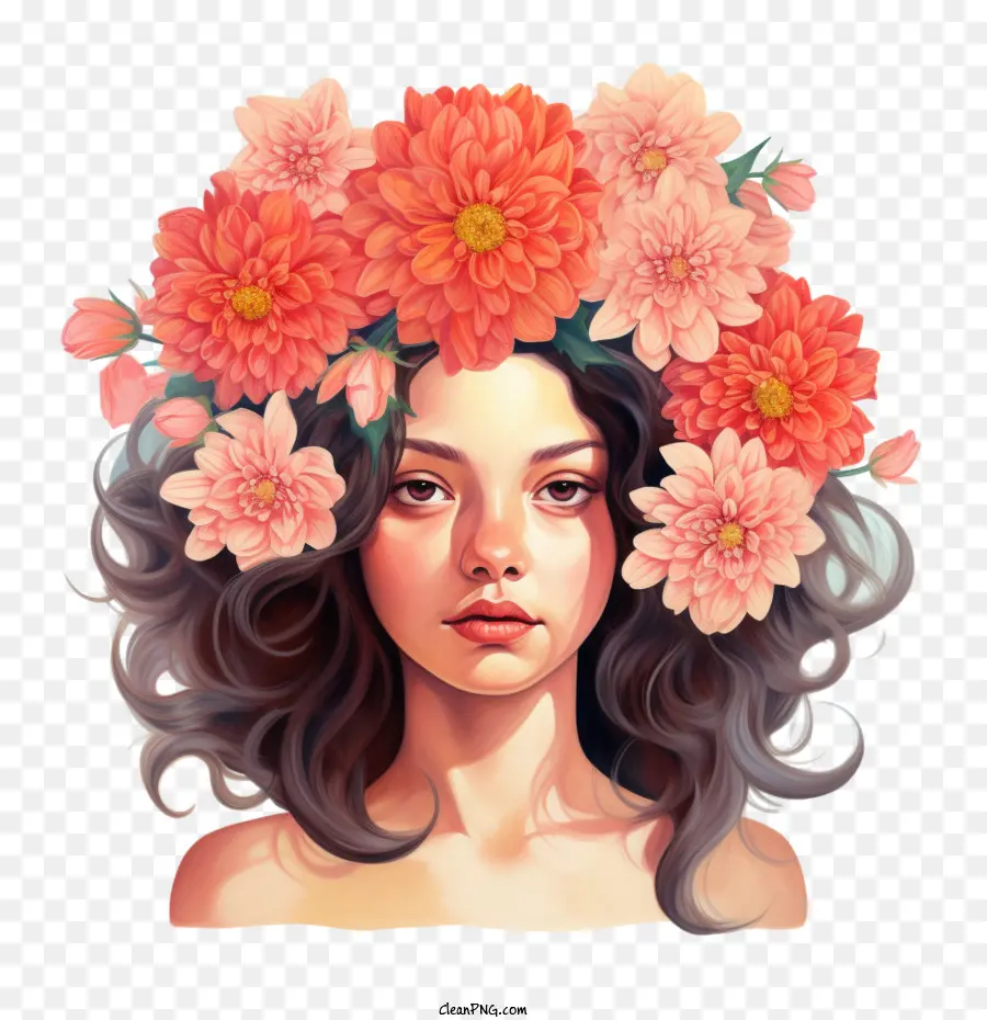 Flores Dahlia，Menina Retrato PNG