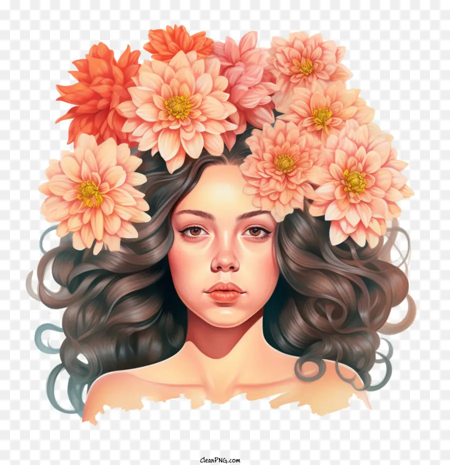 Flores Dahlia，Menina Retrato PNG