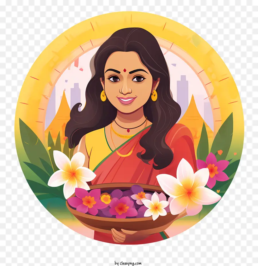 Onam，Mulher Com Flores PNG