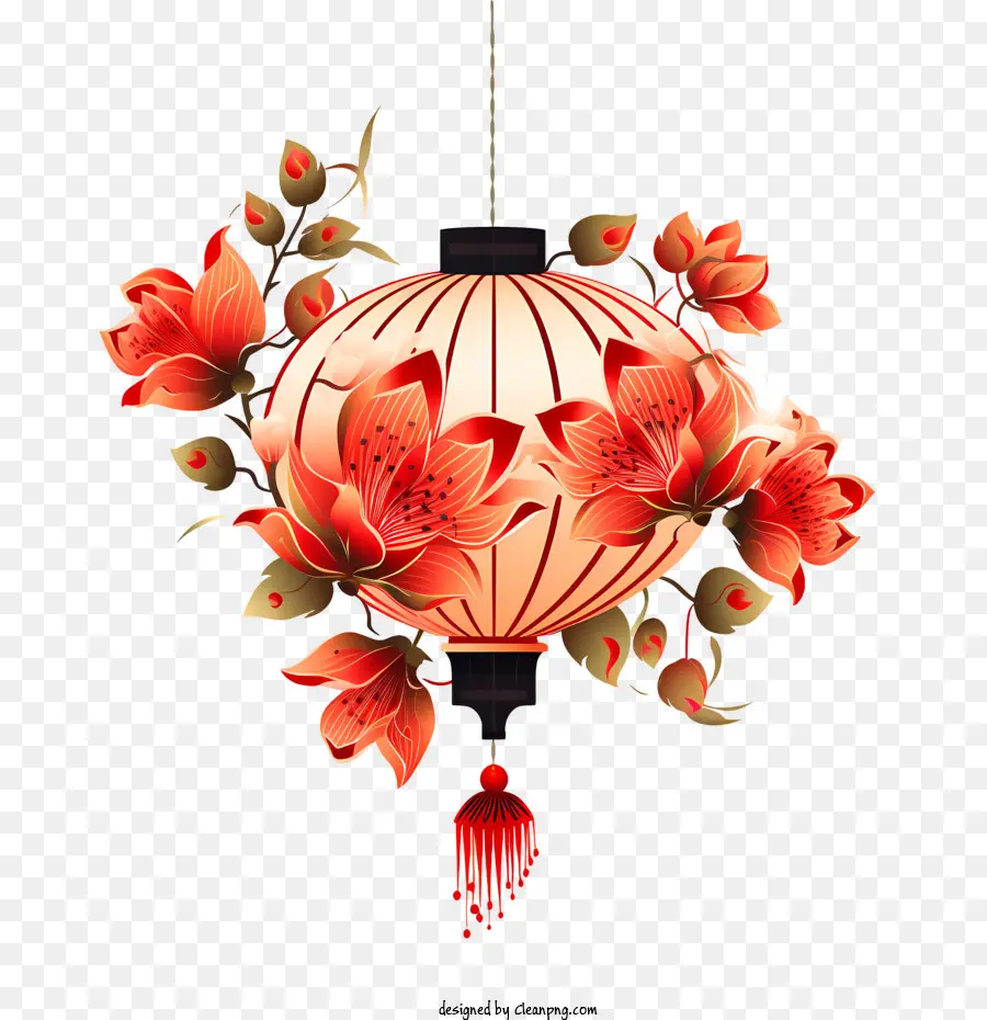 Lanterna Chinesa，Flores Vermelhas PNG