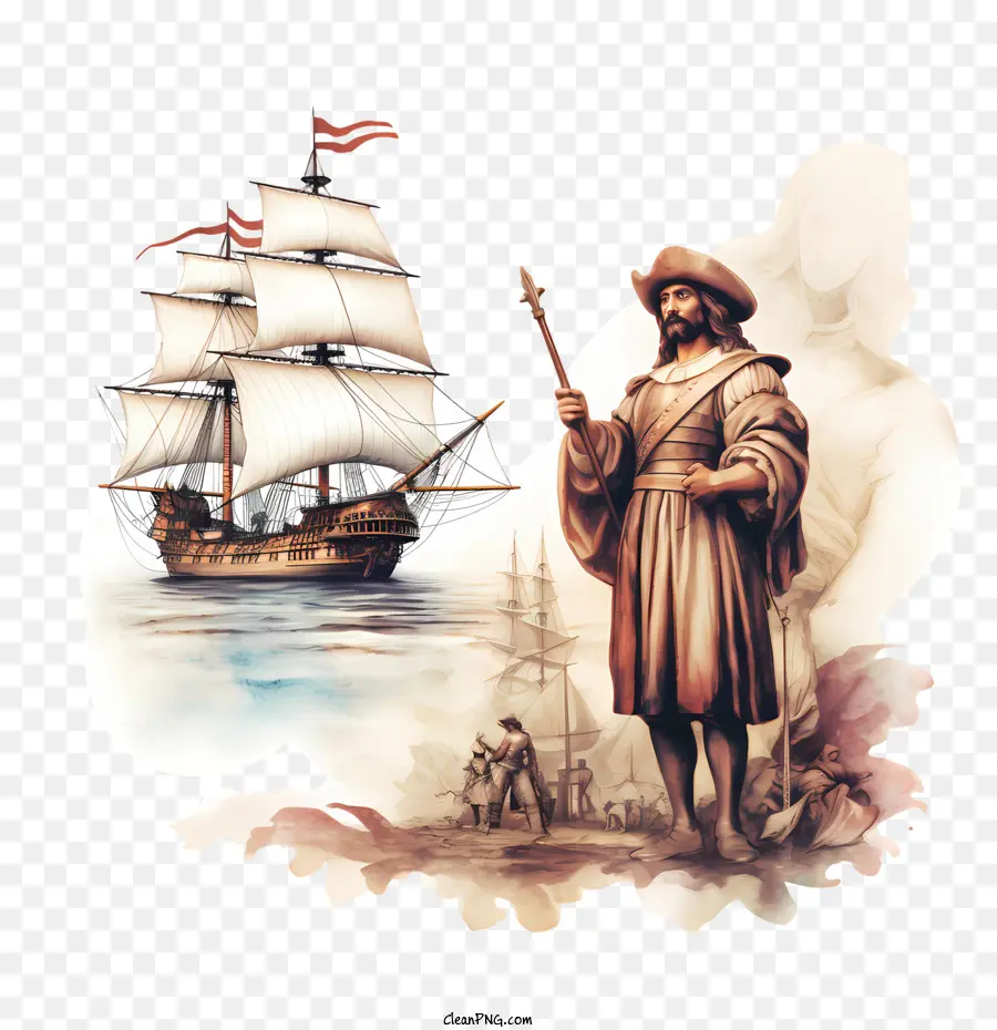 Dia De Colombo，Explorador Com Navios PNG