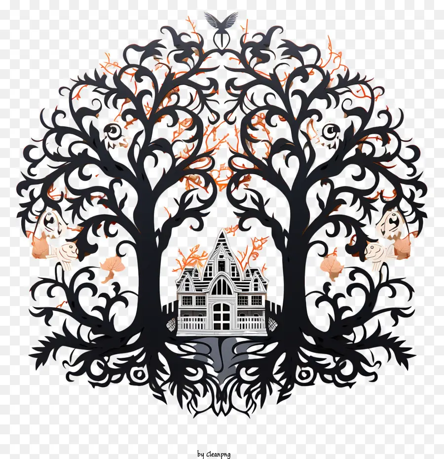 Halloween árvore，House PNG