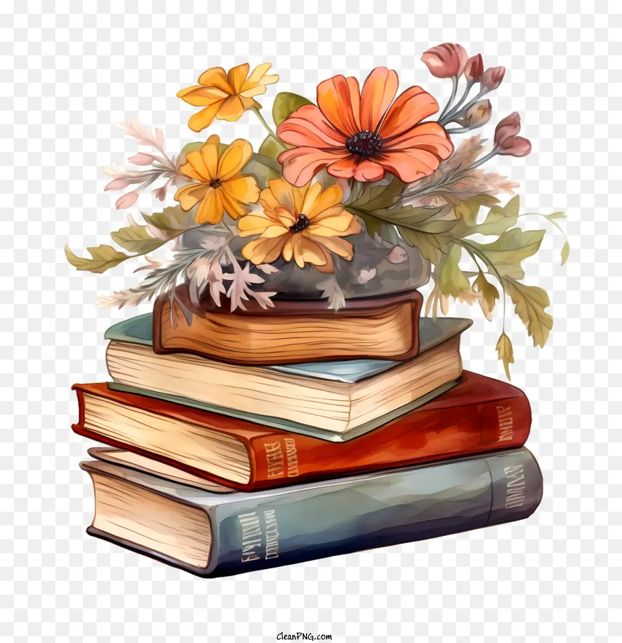 Pilha De Livros Antigos，Livros Com Flor PNG