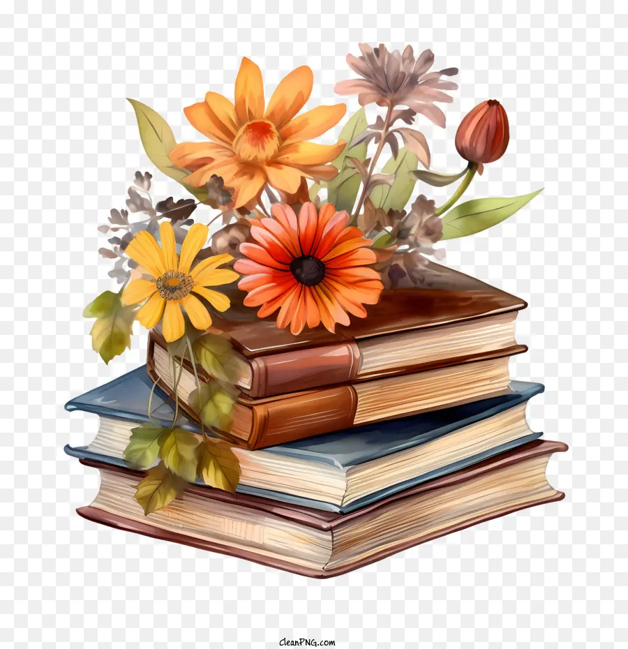 Pilha De Livros Antigos，Livros Com Flores PNG