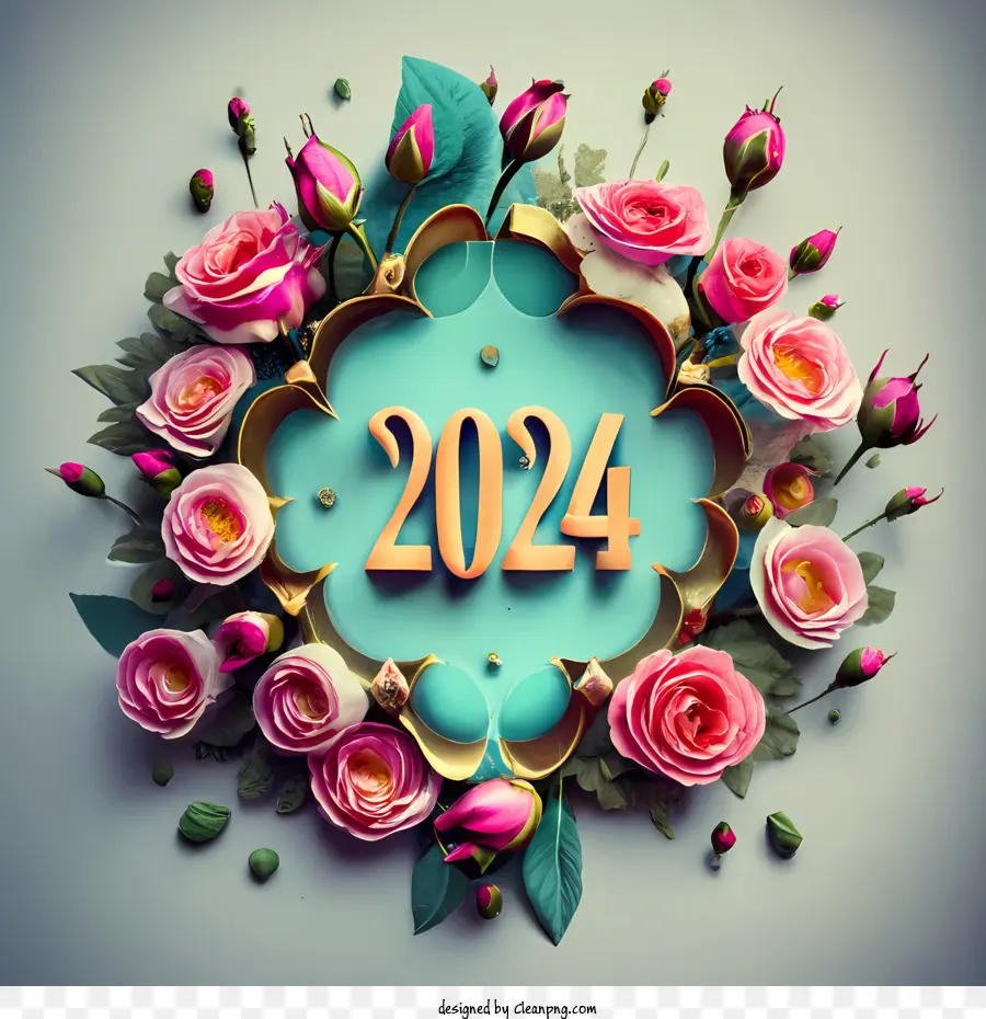 2024 Feliz Ano Novo，Flores PNG