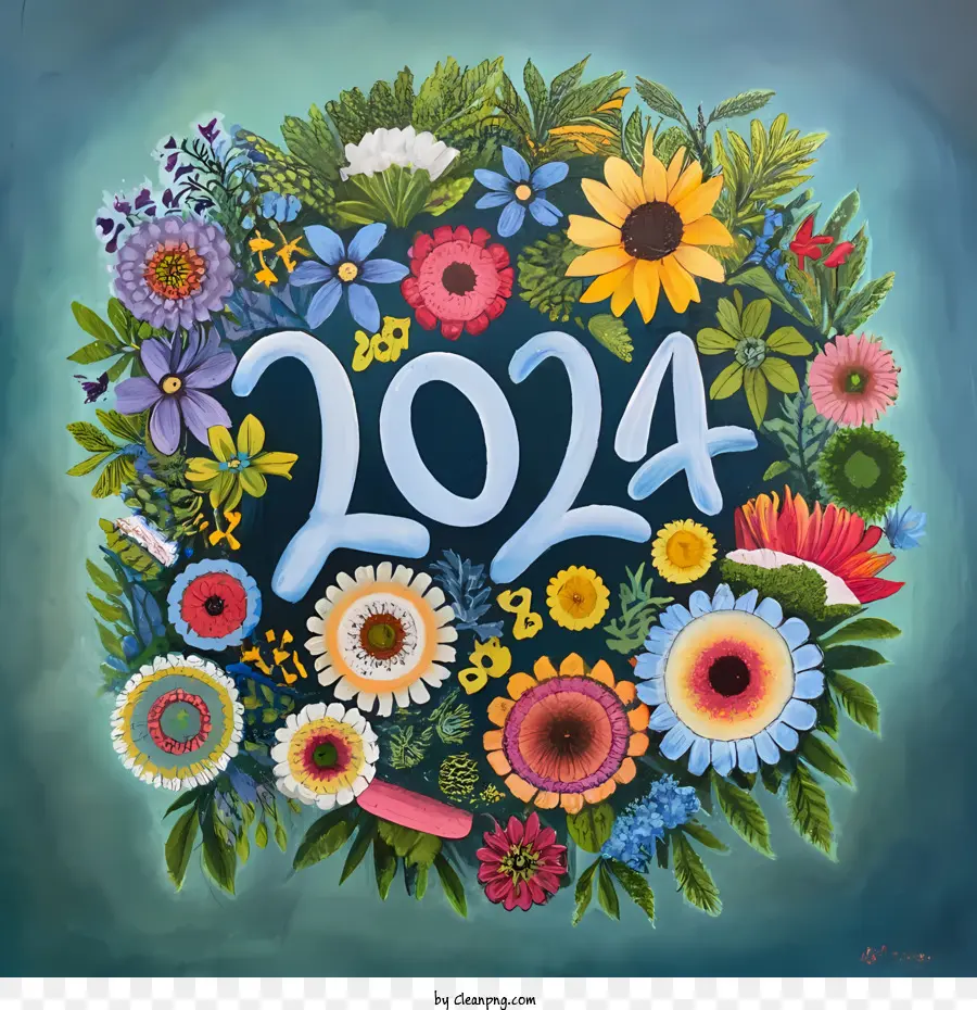 2024 Feliz Ano Novo，Flores PNG