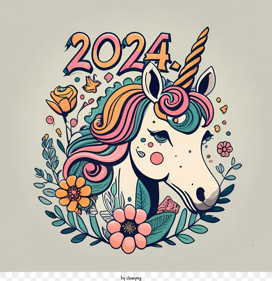 2024 Feliz Ano Novo，Unicórnio PNG