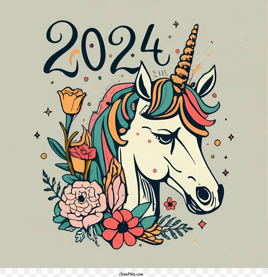 2024 Feliz Ano Novo，Unicórnio PNG