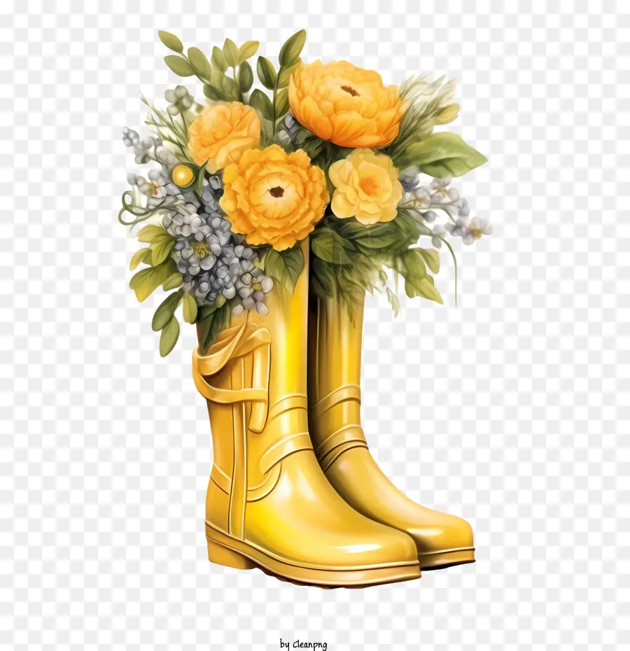 Botas De Borracha，Botas Amarelas Com Flores PNG