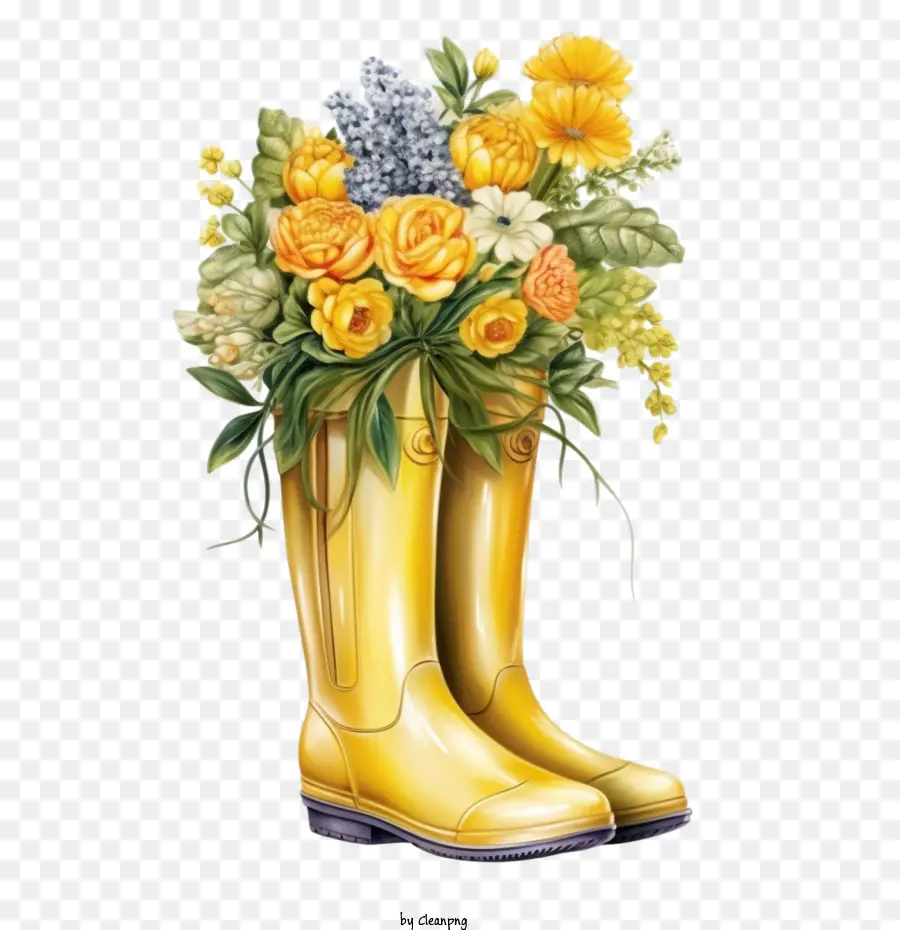 Botas De Borracha，Botas Amarelas Com Flores PNG