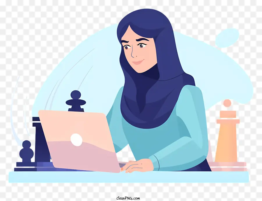Mulher Trabalhando No Laptop，Hijab Azul PNG