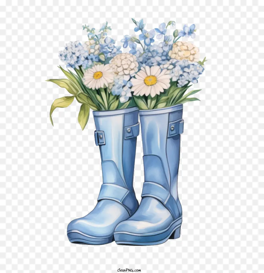 Botas De Borracha，Botas Azuis Com Flores PNG