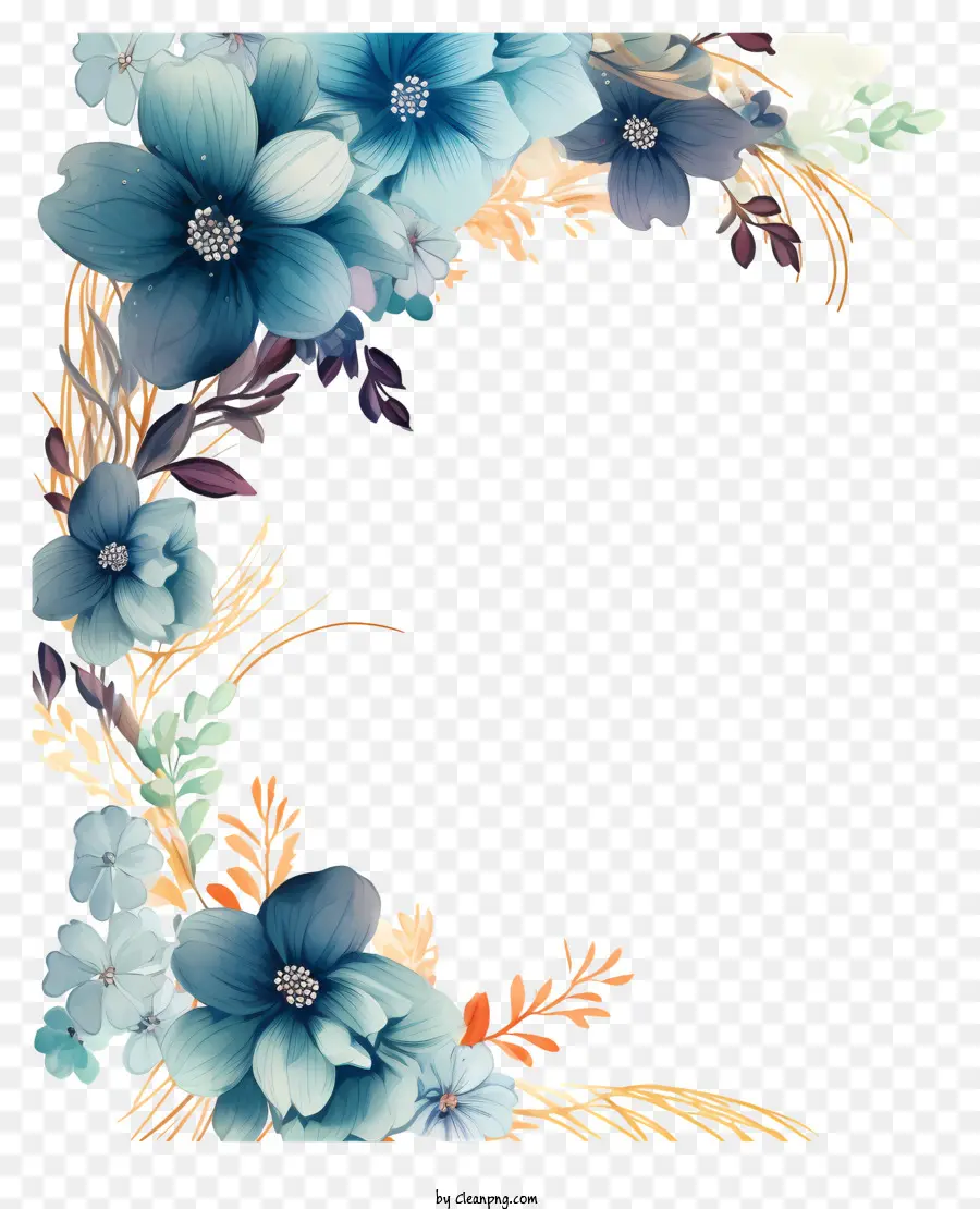 Quadro Floral Azul，Pequenas Flores E Videiras PNG