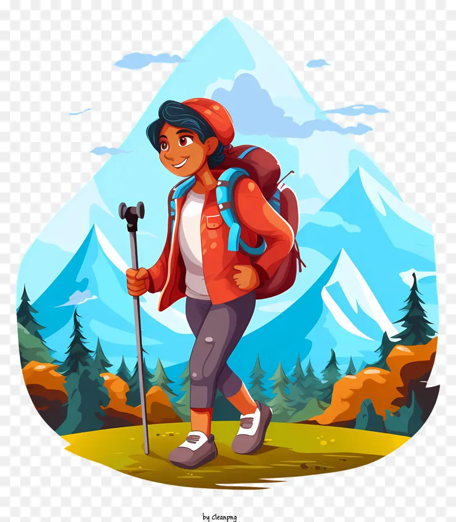 Cartoon Feminino Caminhante，Paisagem Montanhosa PNG