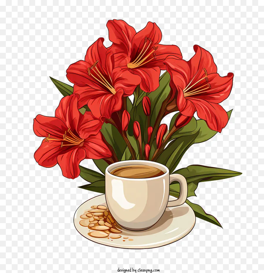 Flor De Amarílis，Flores Vermelhas E Xícara De Café PNG