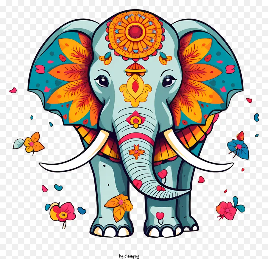 Elefante Com Presas Ornamentadas，Flores No Corpo Dos Elefantes PNG